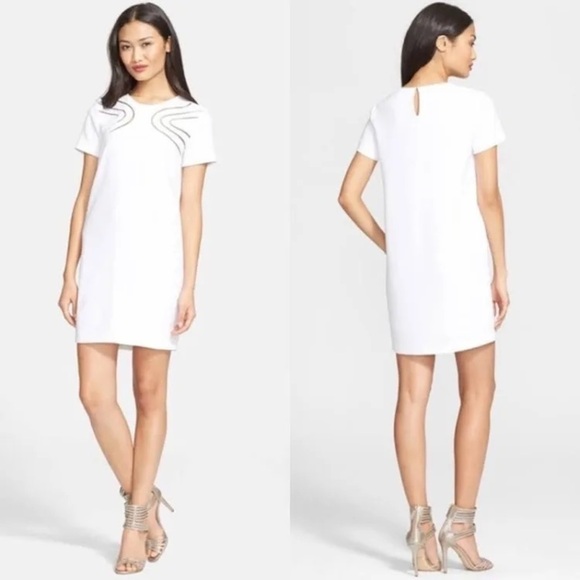 DIANE VON FURSTENBERG White Cecilia Ladder Stitch Short Sleeve Shift Dress Sz 4 - Picture 1 of 16